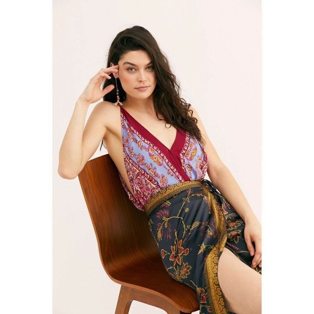 NEW $128 FREE PEOPLE YASMIN BORDER PRINT WRAP MIDI SKIRT IN BLACK